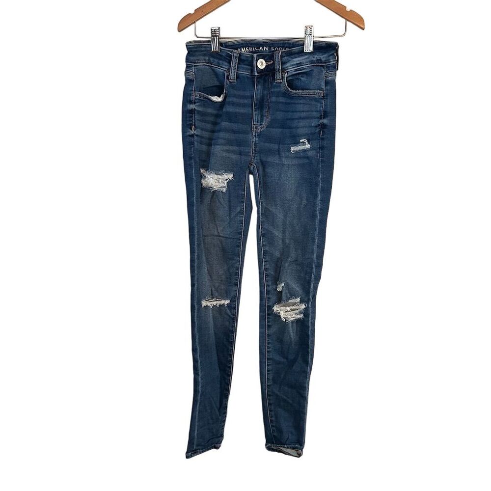 American Eagle Women's Hi-Rise Jegging Jeans Size 00 Dark Blue Distressed